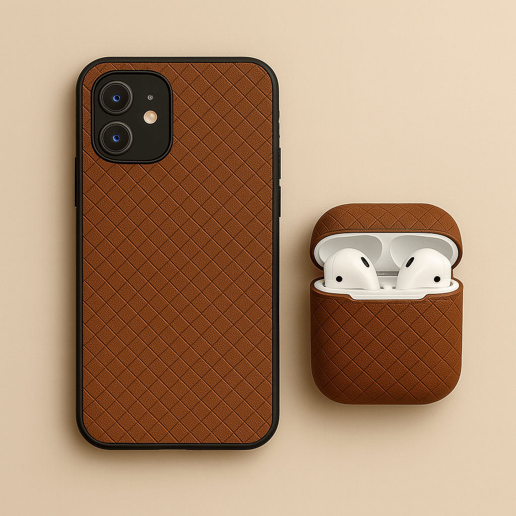 Silicone leather phone case and AirPods cover in mocha brown with diamond texture