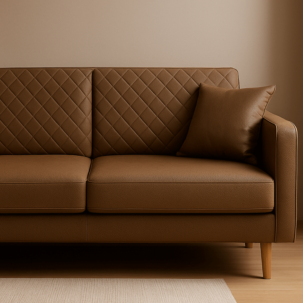 Modern brown sofa upholstered in diamond-pattern silicone leather, set in a minimalist interior