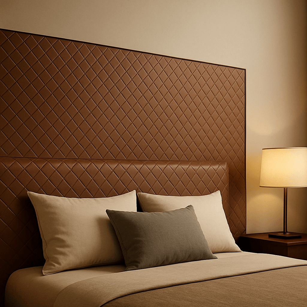 Bedroom with diamond-pattern silicone leather wall panel and headboard in mocha brown