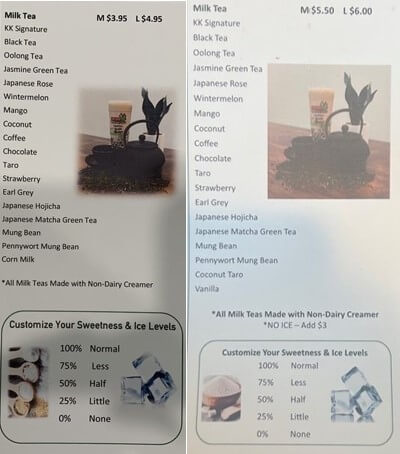 Menu of bubble tea store