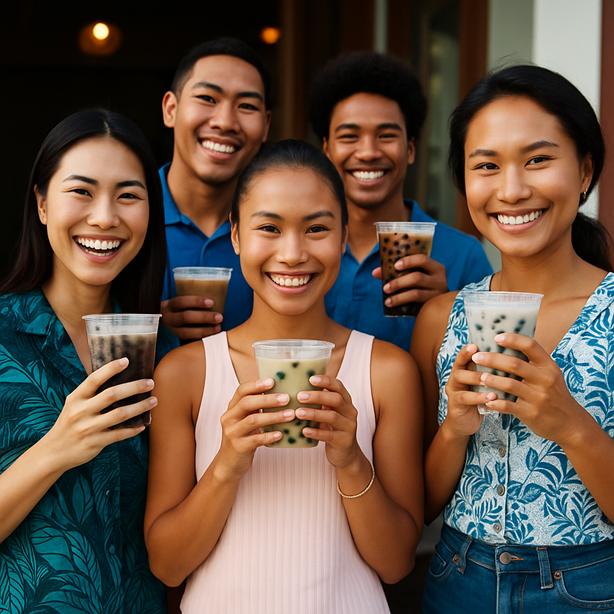 A group of smiling young adults holding cups of bubble tea, representing happy customers enjoying drinks outside a boba shop.