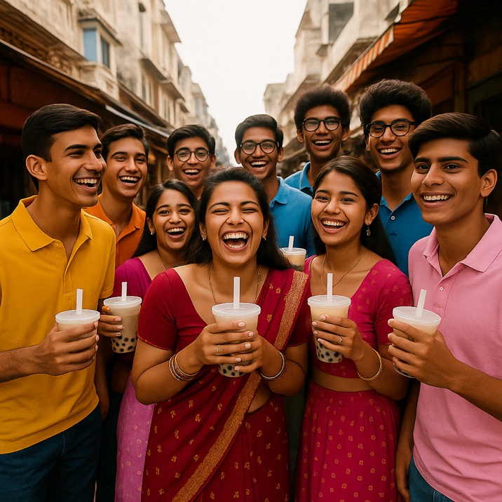 A group of young Indian adults enjoying bubble tea together at an outdoor street market, smiling and celebrating