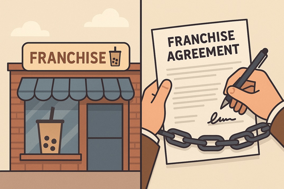 Illustration comparing a franchise bubble tea shop and an independent bubble tea brand, highlighting the difference in flexibility and control