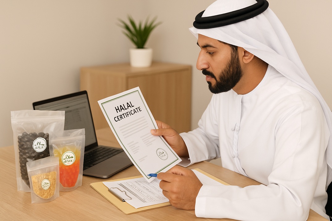 Middle Eastern businessperson reviewing halal certification documents and bubble tea ingredients at an export meeting