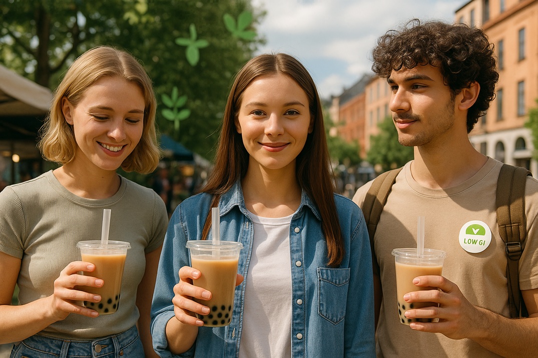 Three young adults enjoying low sugar bubble tea outdoors at a city market, reflecting Australia's health-conscious beverage trends