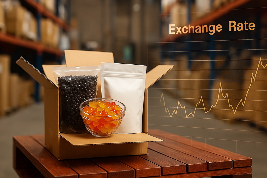 Shipping of bubble tea raw materials with a symbolic floating exchange rate chart in the background, illustrating the impact of USD depreciation on international trade