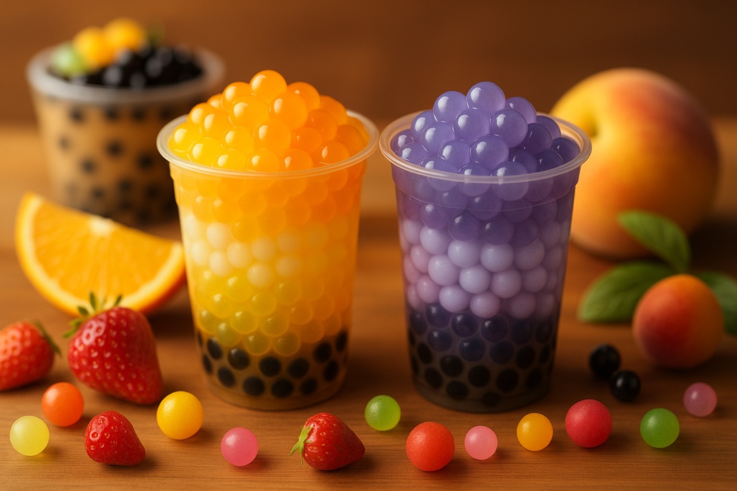 Two colorful bubble tea drinks showcasing popping boba and tapioca pearls as toppings on a wooden tray with fruits