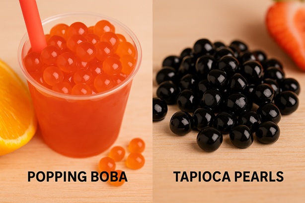 Side-by-side comparison of colorful popping boba and black tapioca pearls used in bubble tea drinks Side-by-side comparison of colorful popping boba and black tapioca pearls used in bubble tea drinks
