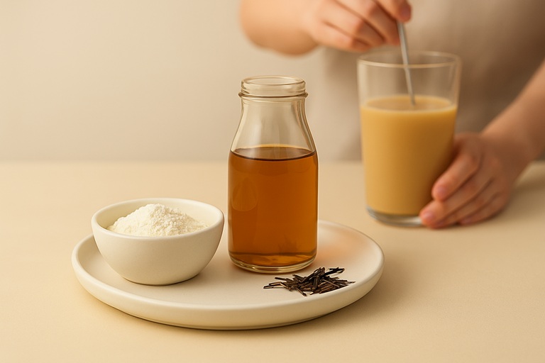Vanilla milk powder, longan syrup, and Ceylon tea leaves on a ceramic plate with a hand stirring milk tea in the background