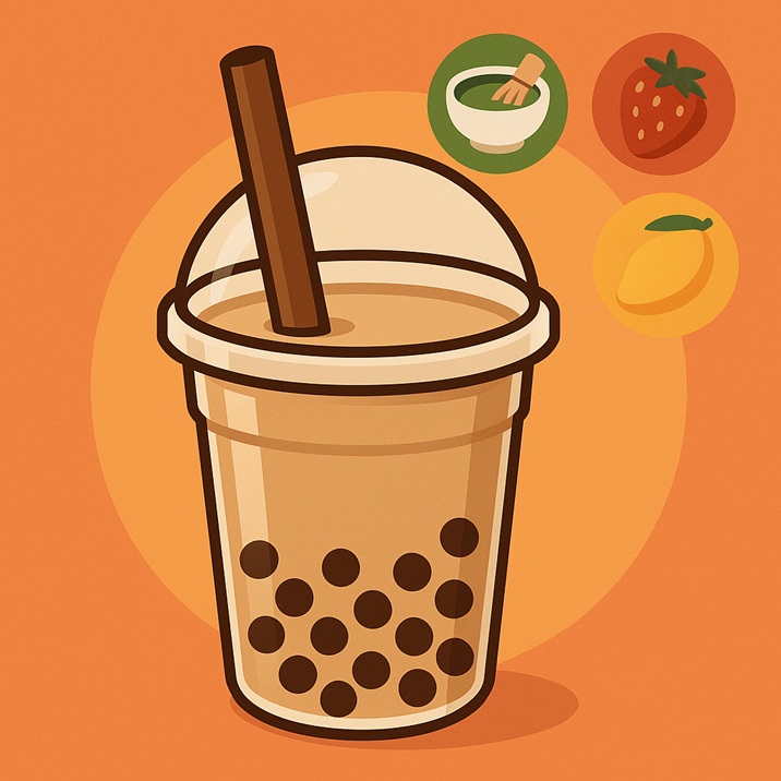 Orange bubble tea with strawberry, lemon, and matcha flavors