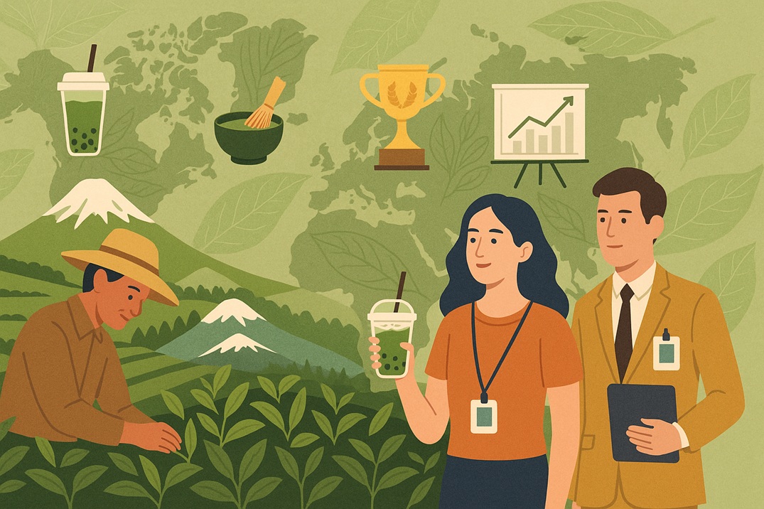 Illustration of World Tea Expo 2025 featuring global tea trends, Shizuoka tea farming, bubble tea, matcha, and international business attendees