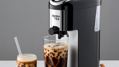 Modern boba tea machine with freshly made bubble tea in glass cups