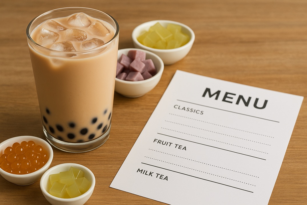 A glass of boba milk tea with ice and tapioca pearls next to a printed menu and assorted toppings like popping boba, jelly cubes, and taro pieces on a wooden table.