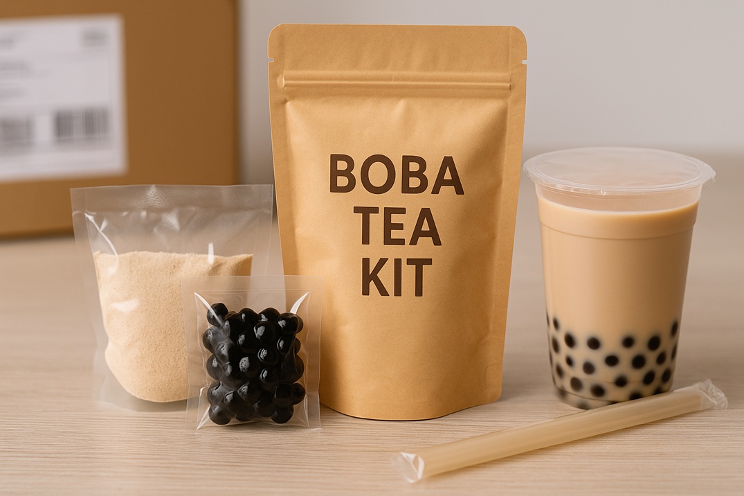 Flat lay of boba tea kit components including tapioca pearls, powders, cups, and sealing film, ideal for medium-sized beverage businesses