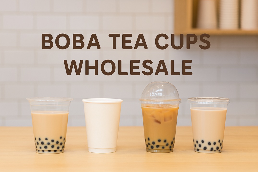 Four types of boba tea cups—plastic cup, paper cup, PET dome lid cup, and sealed cold drink cup—displayed on a wooden counter with tapioca pearls inside.