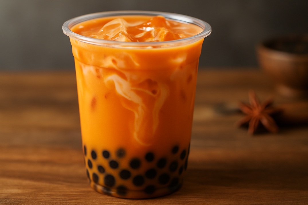 Authentic Thai bubble tea with orange milk tea and black tapioca pearls in a clear plastic cup on a wooden table, with star anise in the background
