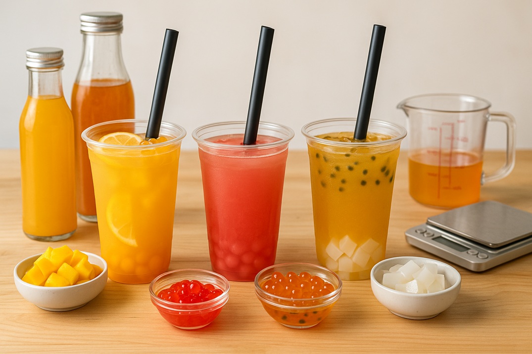 A fruit bubble tea preparation setup featuring colorful drinks, fruit syrup bottles, jelly toppings, and popping boba ingredients on a wooden table