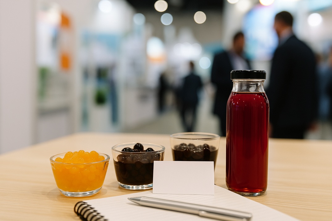 A tabletop display of popping boba, tapioca pearls, and fruit syrup with a notebook and pen, set against a blurred Food Taipei trade show background