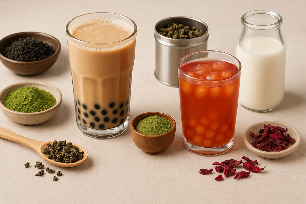 High-quality image showing bubble tea drinks with caffeine and decaf options, surrounded by ingredients like matcha powder, loose tea leaves, hibiscus petals, and fresh milk on a beige background.