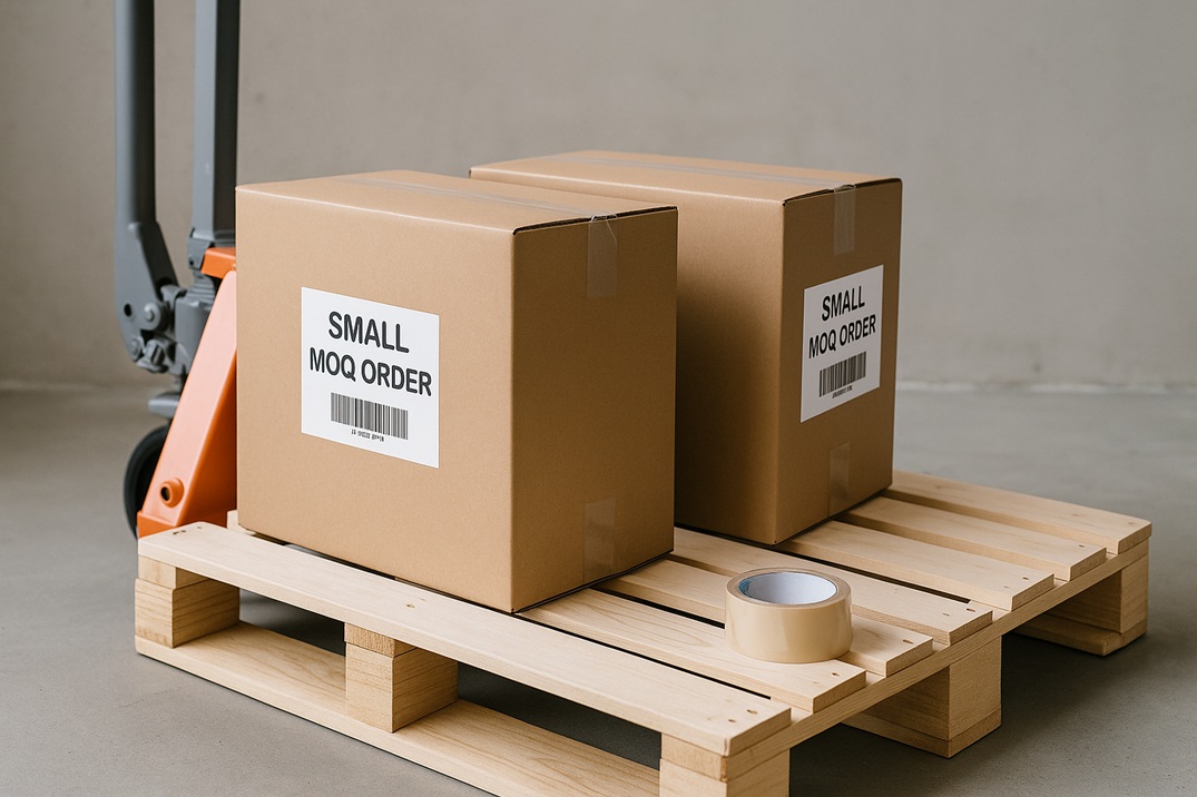 Warehouse pallet with small MOQ bubble tea ingredient boxes ready for shipment