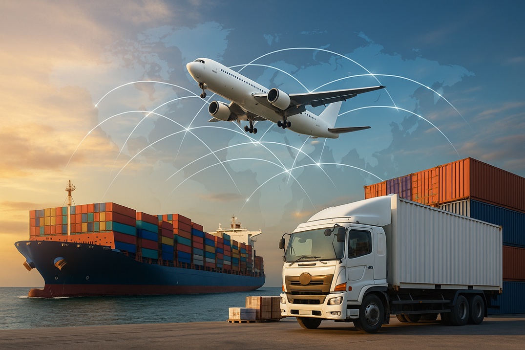 Cargo ship, airplane, and freight truck representing multimodal export shipping from Taiwan