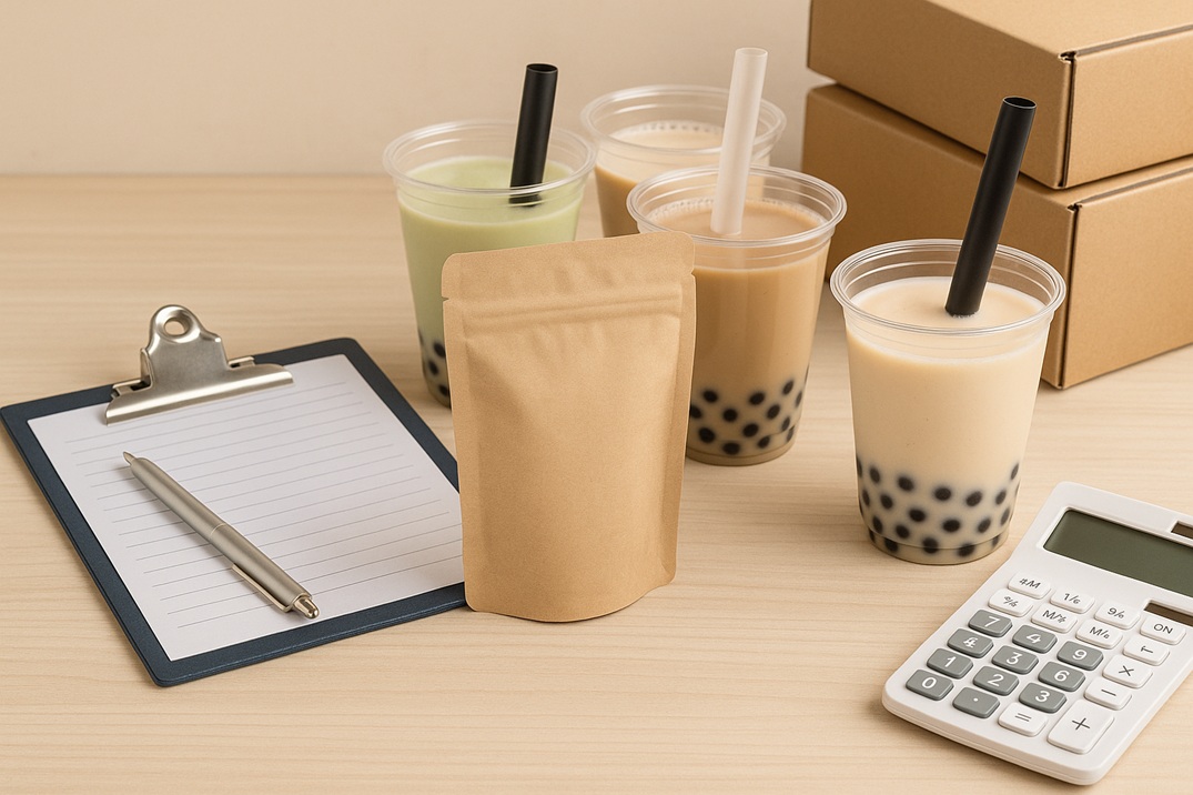 Bubble tea drinks with tapioca pearls, kraft packaging, and distributor supplies on a wooden table