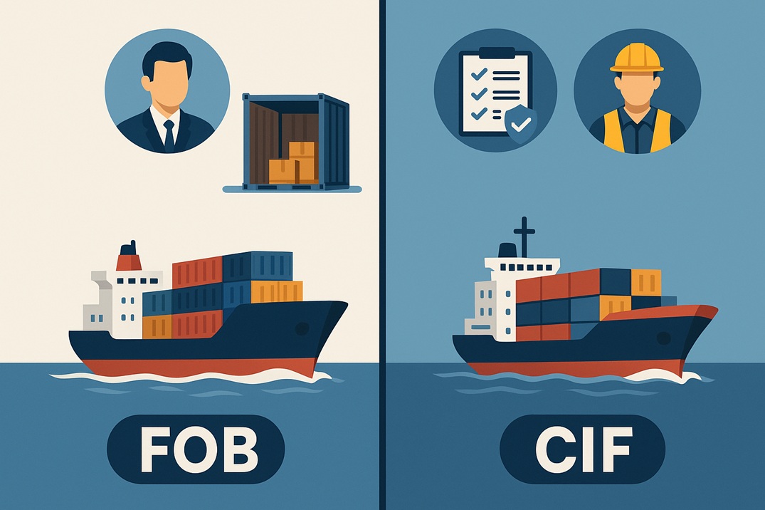 Illustration comparing FOB and CIF shipping terms with container ships and logistics icons
