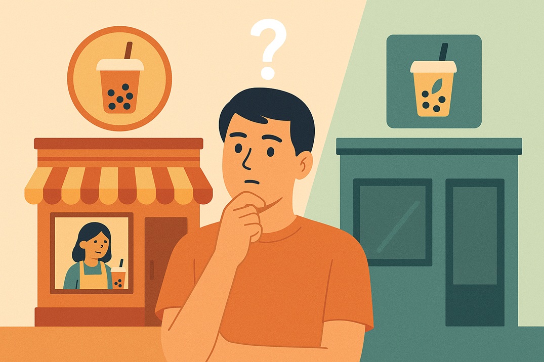 Illustration of a man thinking between opening a bubble tea franchise or starting his own brand, with two shop options in the background
