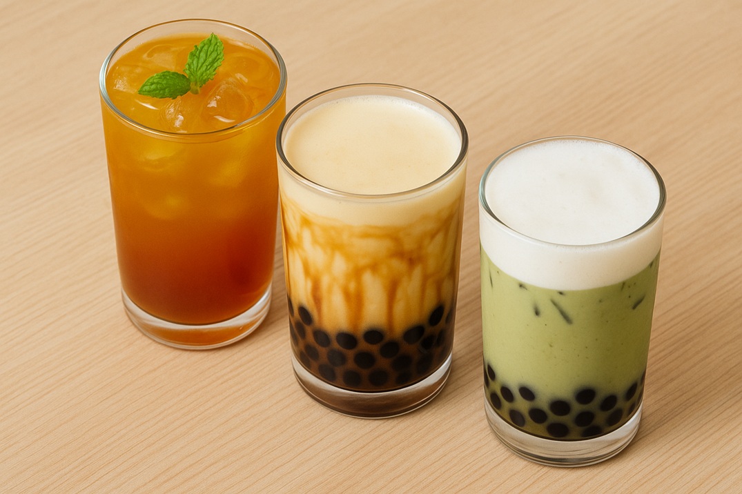 Three bubble tea drinks in clear glasses arranged diagonally on a light wood surface—one with iced fruit tea and mint, one with brown sugar milk and tapioca pearls, and one with matcha and foam—showcasing variety in flavor, texture, and presentation.