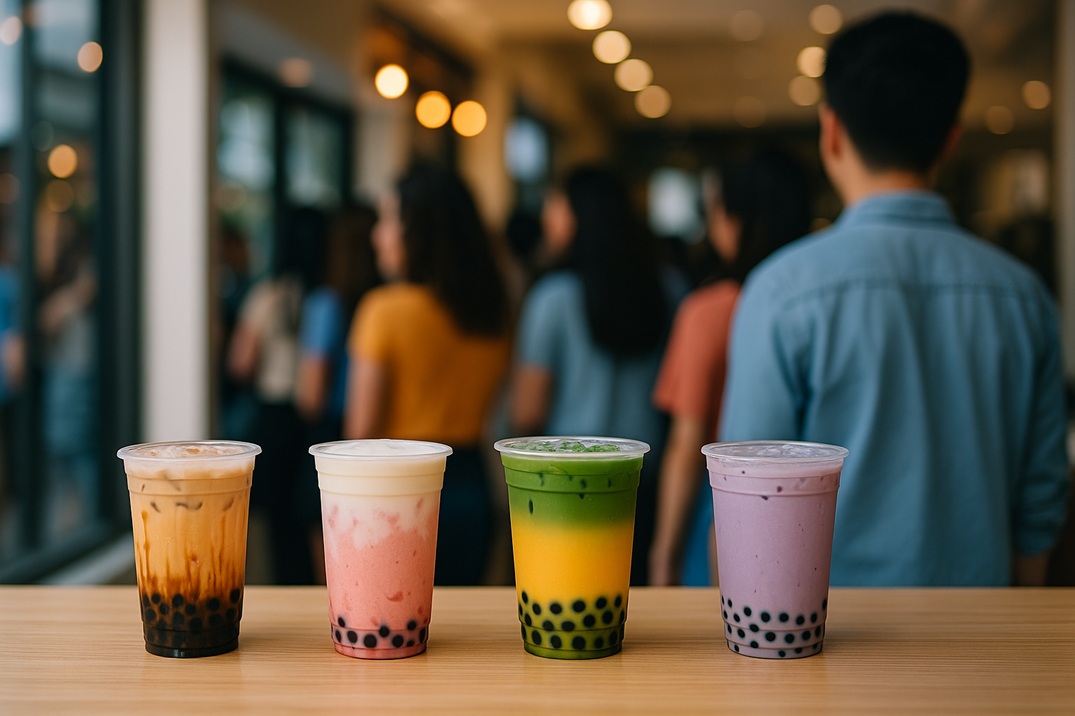 Four colorful bubble tea drinks displayed on a wooden counter with a blurred line of customers waiting inside a bright, modern tea shop.