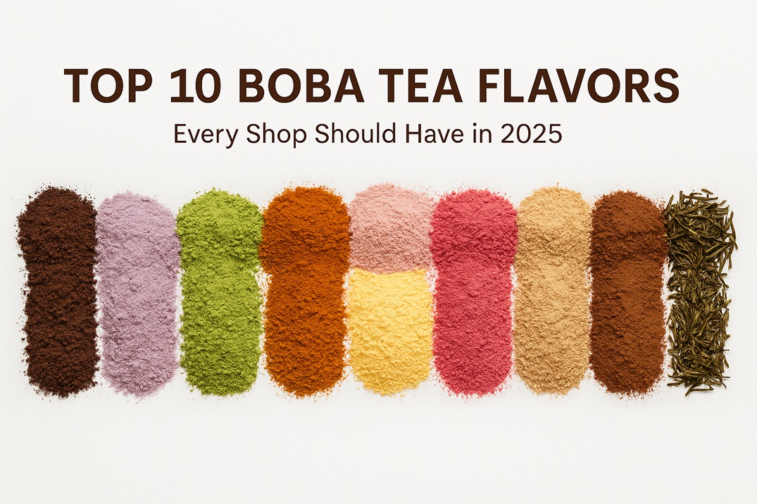 Ten colorful boba tea powder flavors arranged in a row on a white background, with the title "Top 10 Boba Tea Flavors - Every Shop Should Have in 2025" displayed above.