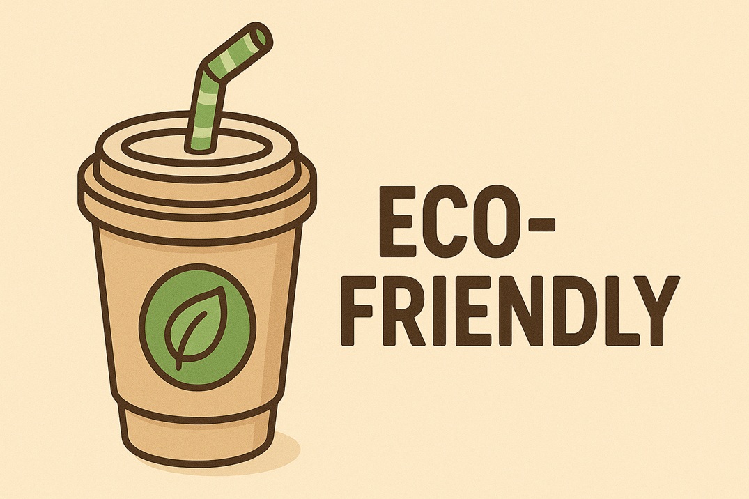 Cartoon-style eco-friendly cup with green-striped straw and leaf icon, labeled "Eco-Friendly"
