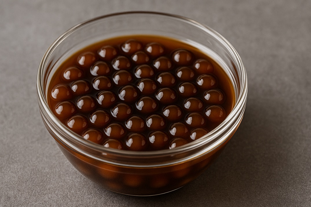 Glass bowl filled with tapioca pearls soaked in brown sugar syrup on a gray surface