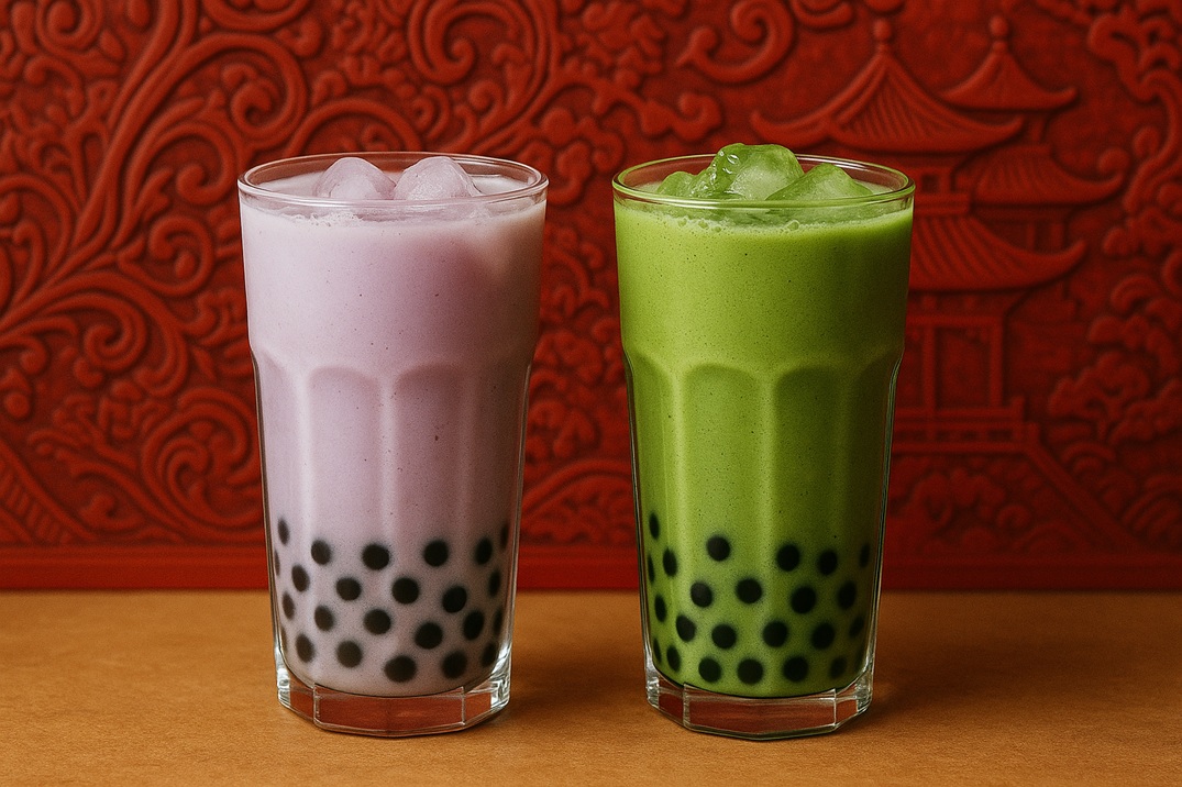 Two bubble tea drinks, taro and matcha, set against a red Asian-style background with traditional patterns and architecture, highlighting their vibrant colors.