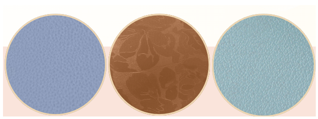 Close-up texture samples of PU leather (left), silicone leather (center), and PVC leather (right), displayed in circular swatches for material comparison.