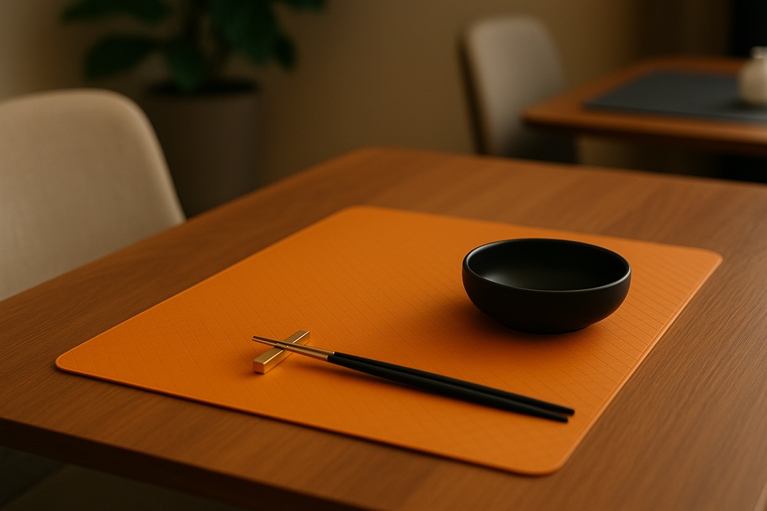 Modern dining scene featuring an orange silicone leather placemat with black chopsticks and a black bowl on a wooden table in a cozy restaurant setting.