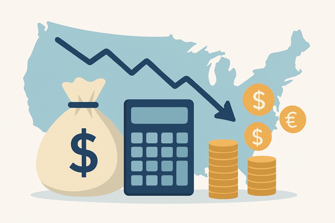 Flat illustration of a U.S. map with a downward arrow, money bag, calculator, and currency symbols representing the impact of tariffs and exchange rates on import costs.