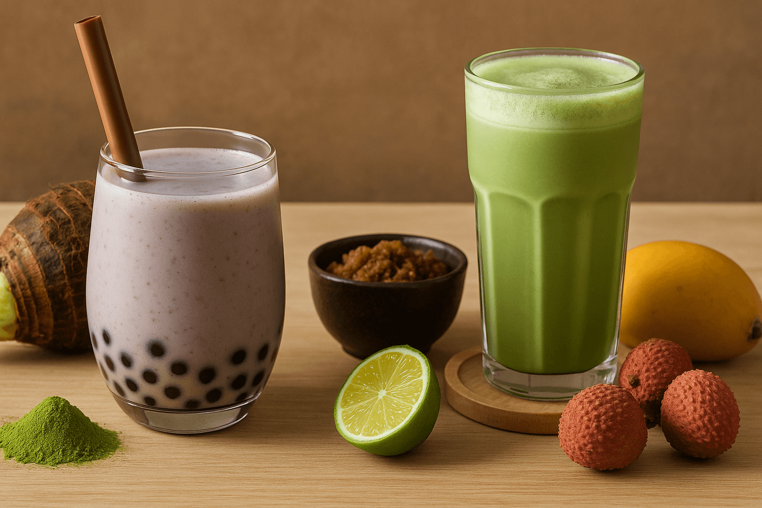 Two Asian-inspired bubble tea drinks featuring taro and matcha flavors, surrounded by fresh tropical ingredients like lychee, mango, lime, and brown sugar.