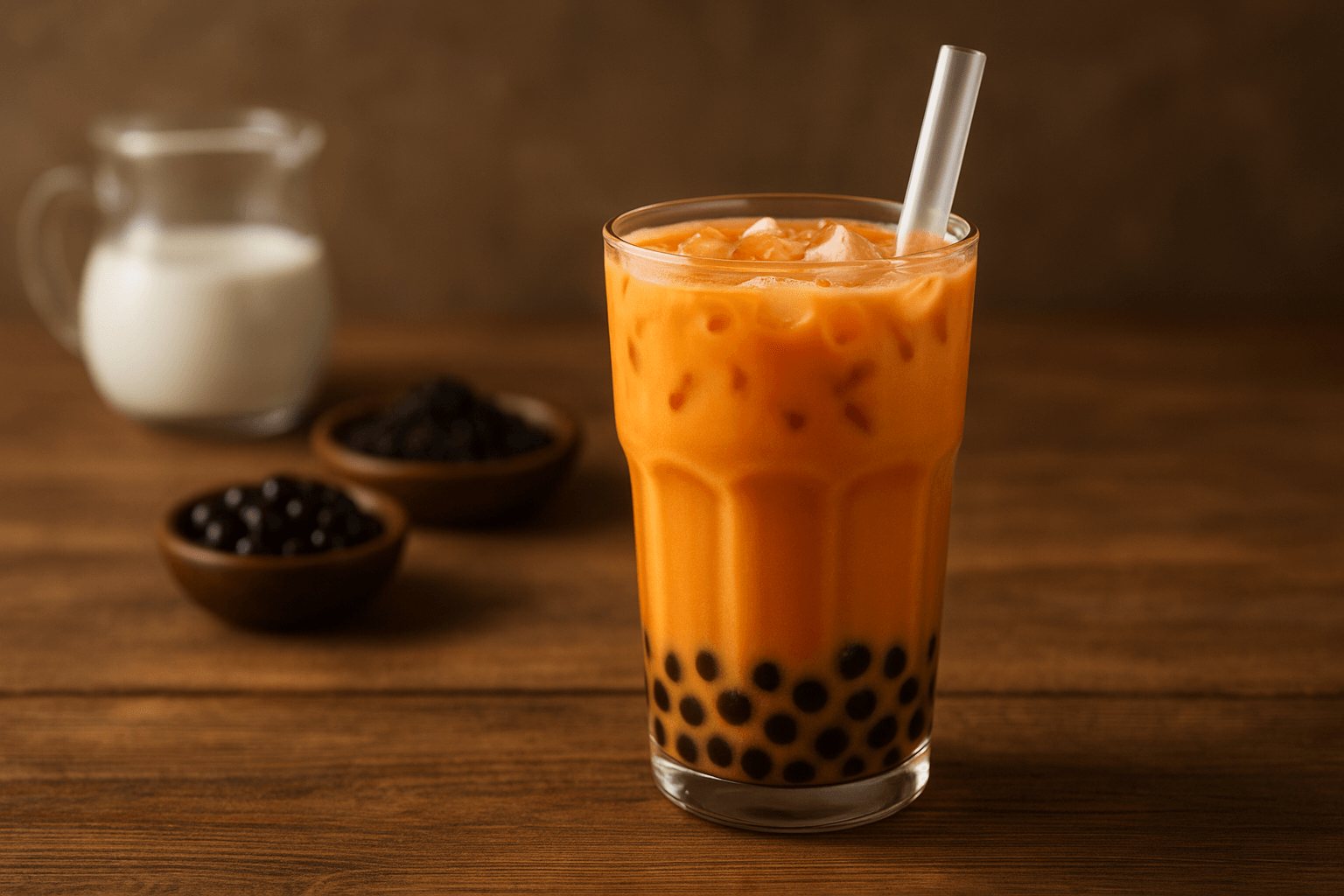 Close-up of authentic Thai bubble tea with orange milk tea and black tapioca pearls in a clear glass