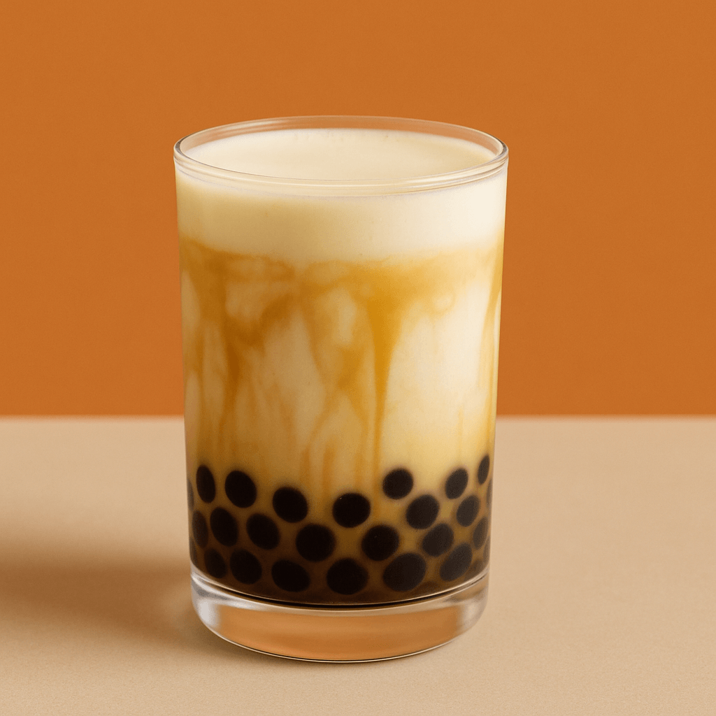 A close-up of a refreshing layered bubble tea with tapioca pearls, creamy milk, and caramel tones, set against a warm orange background, highlighting the drink’s texture and appeal.