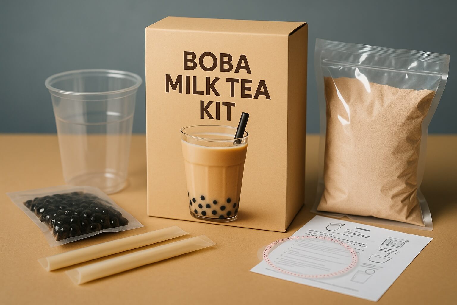 Boba milk tea kit with packaging components including tapioca pearls, sealing film, and cups, suitable for OEM wholesale supply