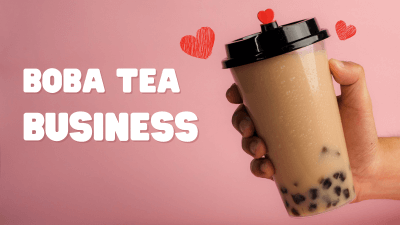 Hand holding a cup of classic bubble milk tea with tapioca pearls against a pink background, with “Boba Tea Business” text and red heart graphics.
