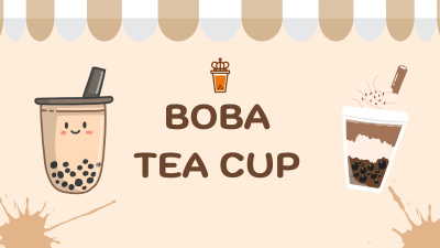 Illustration of boba tea cups for wholesale with cute bubble tea designs and shop awning