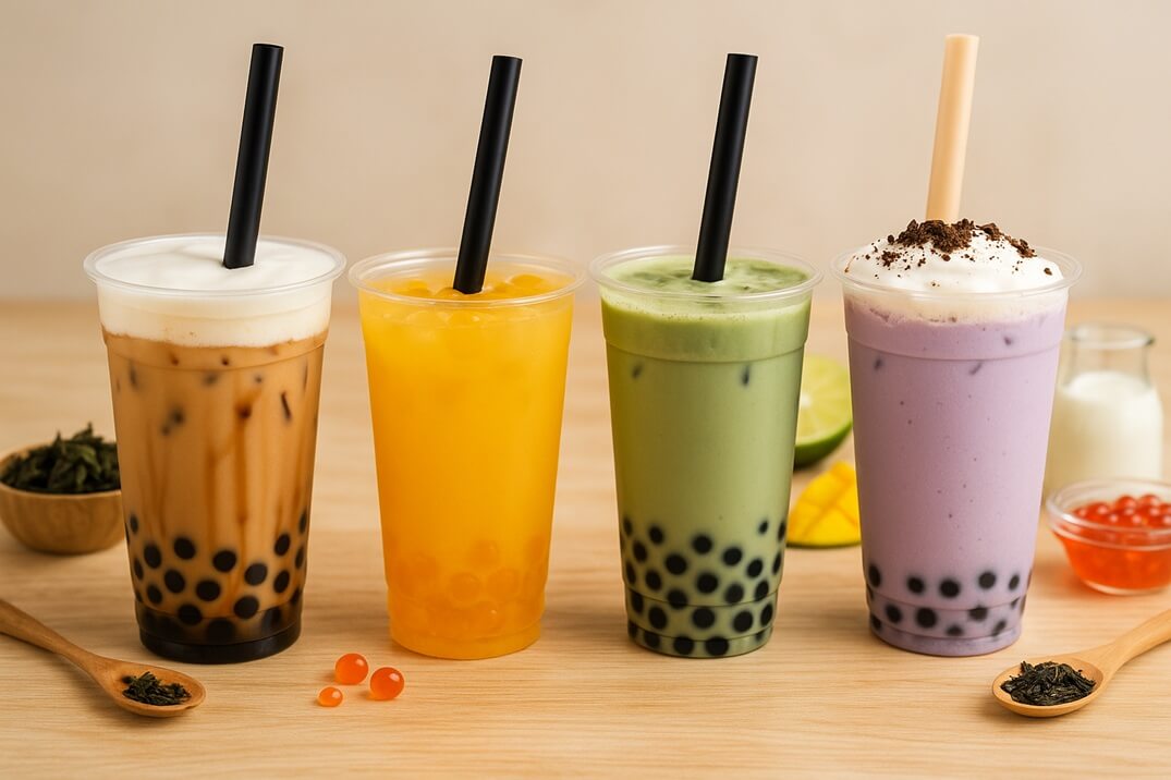 Four colorful boba tea drinks on a wooden table with a minimal beige menu panel and tea ingredients in the background