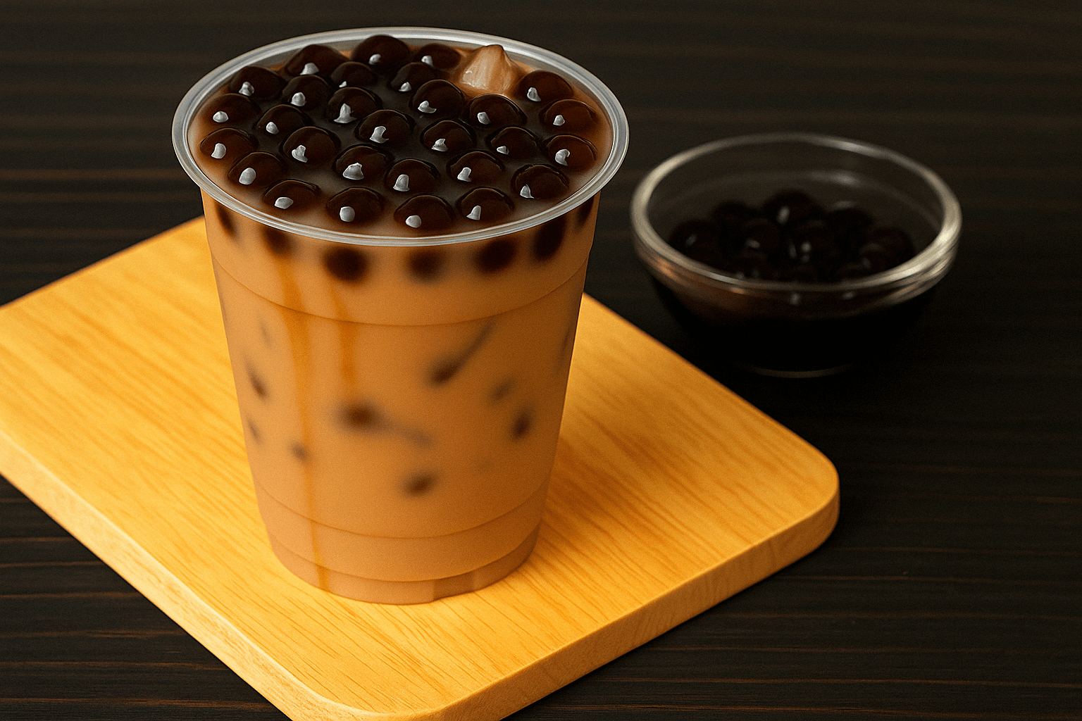A close-up of brown sugar boba milk tea with chewy tapioca pearls in a clear plastic cup, served on a wooden tray with a bowl of extra pearls in the background.