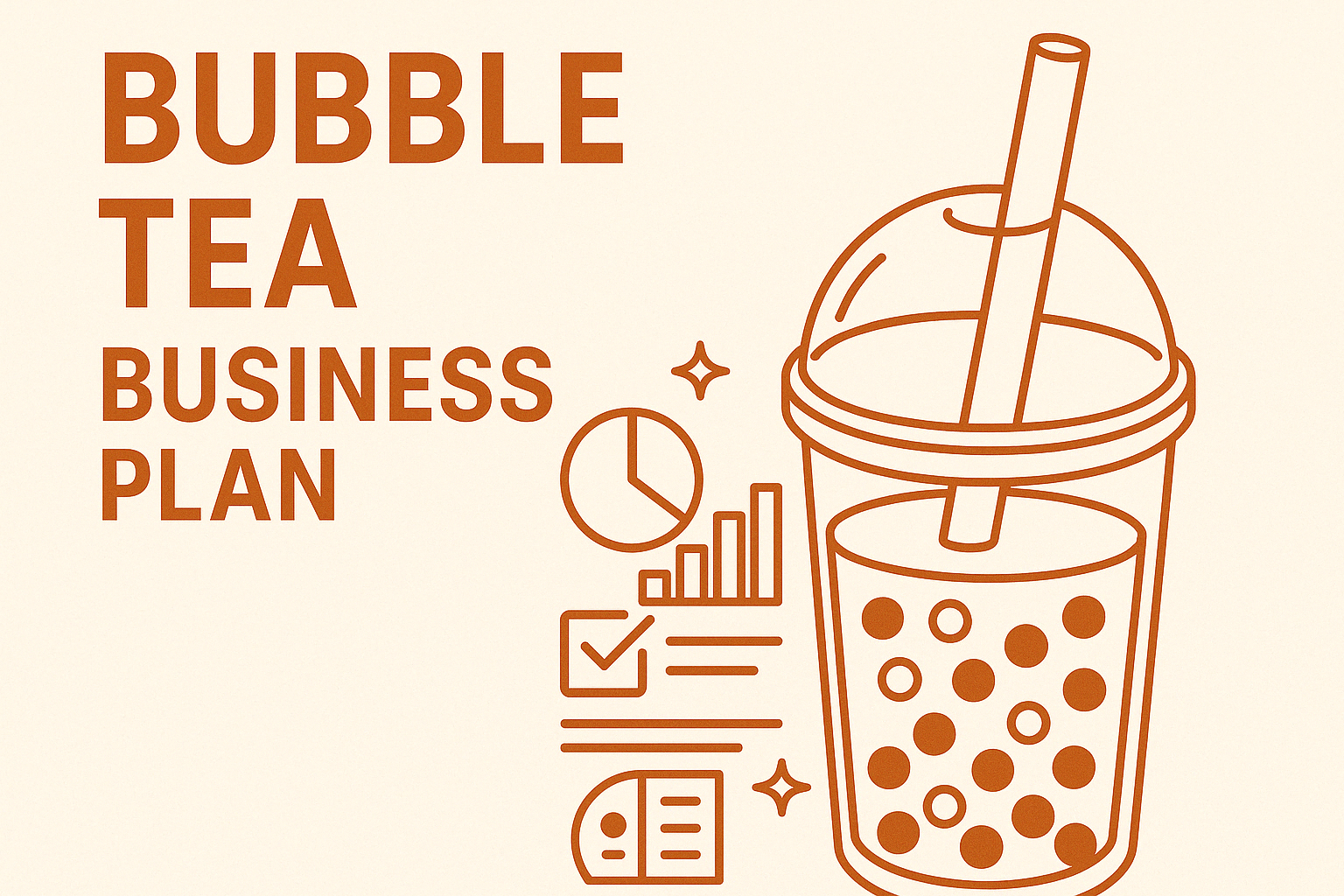 Cover image for a bubble tea business plan with a cup illustration, charts, and business icons
