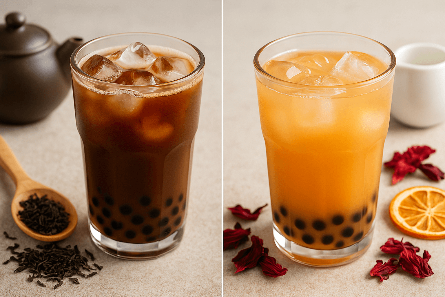 Side-by-side comparison of two bubble tea drinks: a dark milk tea with caffeine and a bright fruit tea without caffeine, presented with tea leaves and dried hibiscus on a beige background.