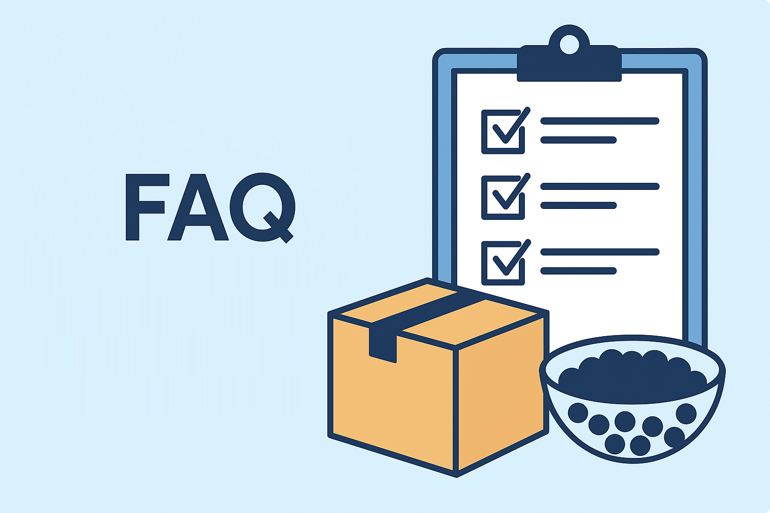 FAQ illustration for bubble tea ingredient orders – including shipping, payment, OEM, and training support