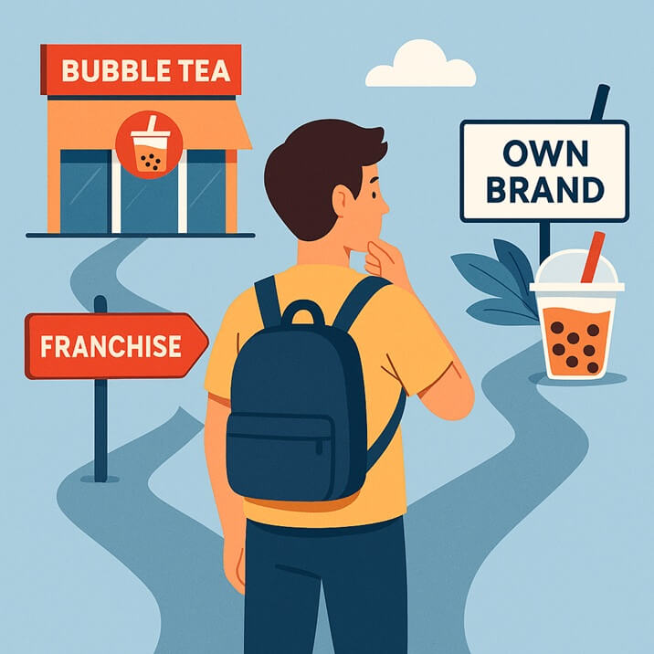 A young entrepreneur facing two paths—one leading to a bubble tea franchise, the other to creating their own brand