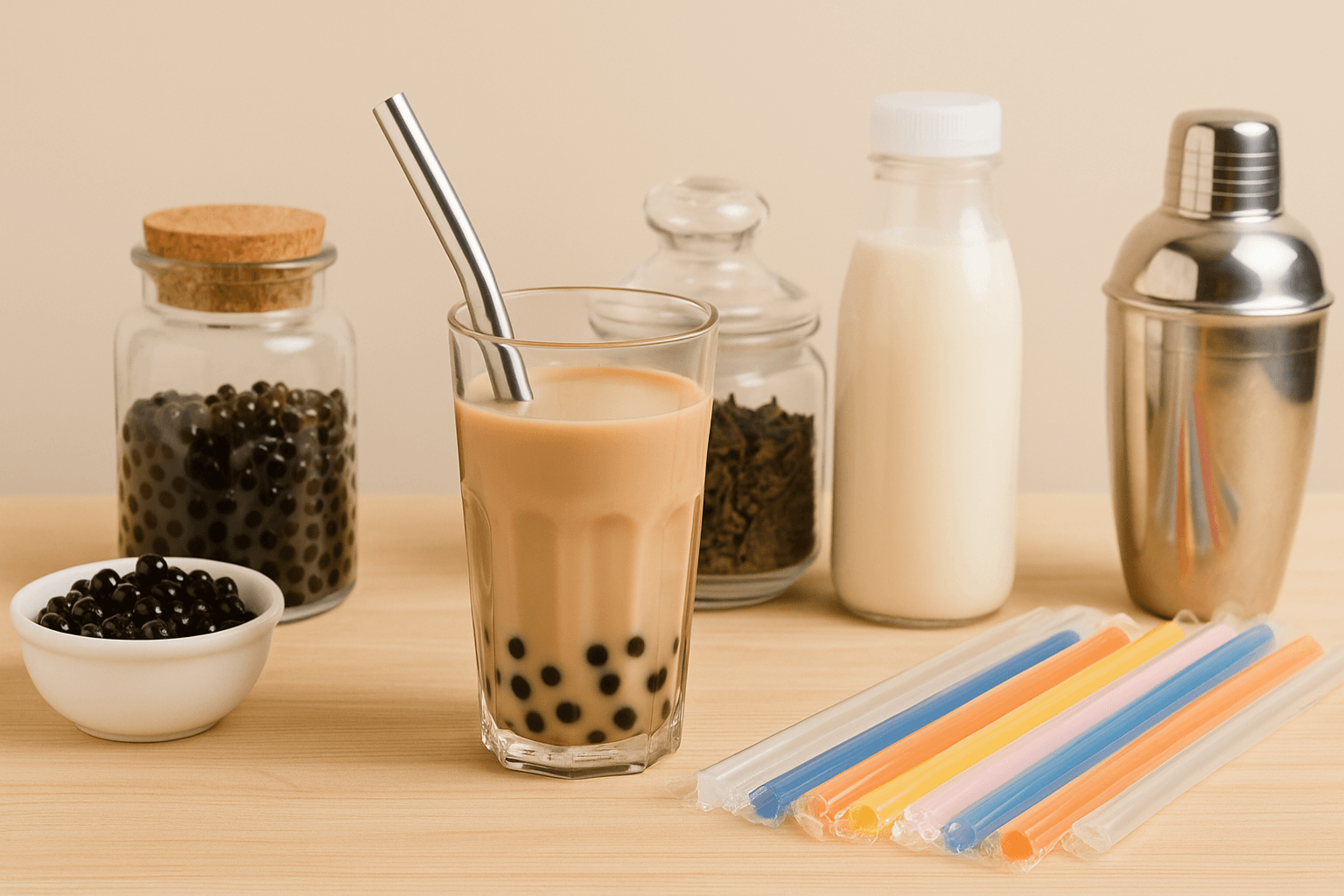 A flatlay image showcasing bubble tea kit ingredients including tapioca pearls, fruit syrups, powders, and accessories, ready for preparation